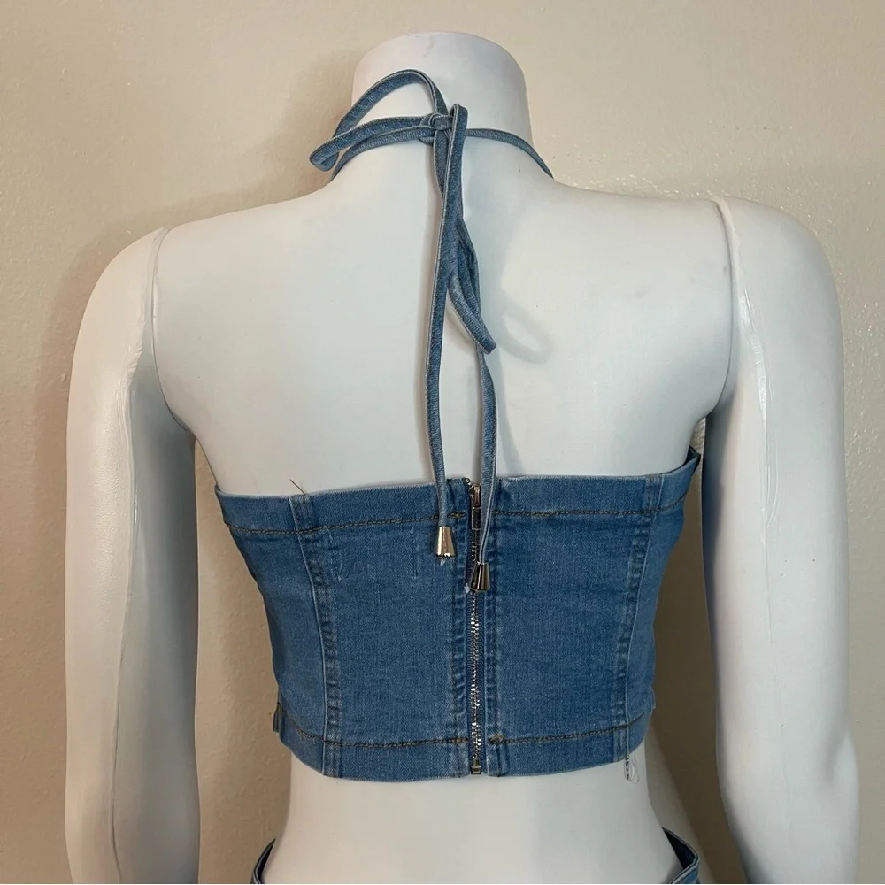 Light blue denim cutout halter rings crop top distressed skinny jeans set